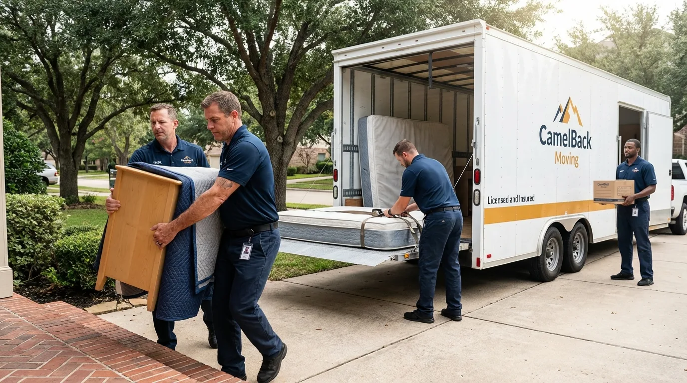 Crew loading residential truck for cross-state move from Fox Lake, WI