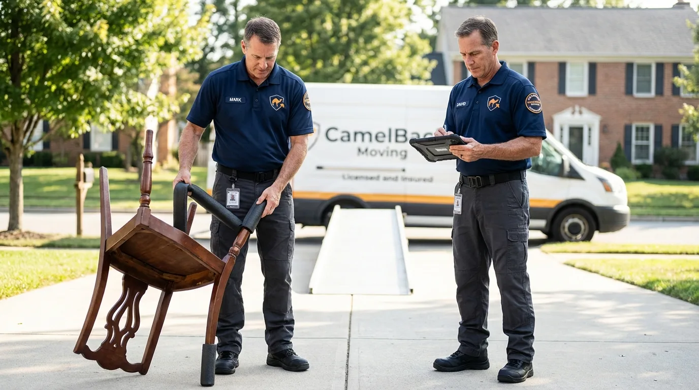 Movers inspecting furniture for damage prevention before loading in Fox Lake, WI
