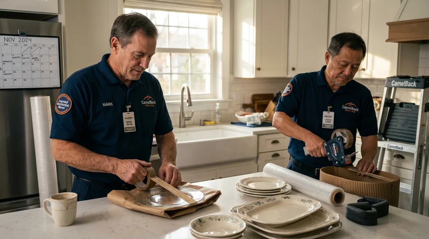 Professional crew packing kitchen dishware in Fox Lake, WI